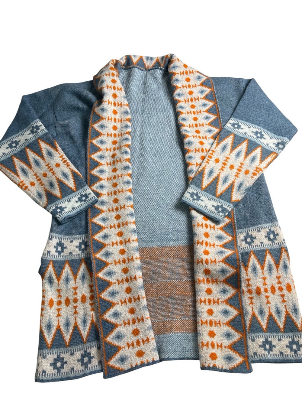 Open-Front Aztec Patterned Cardigan Sweater in Blue and Cream large